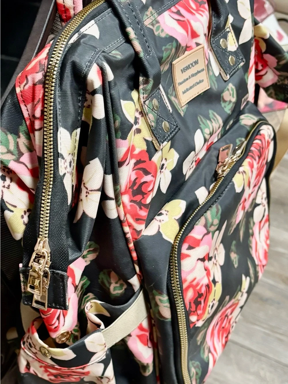 Floral Quilted Backpack Tote in Black and Pink Roses